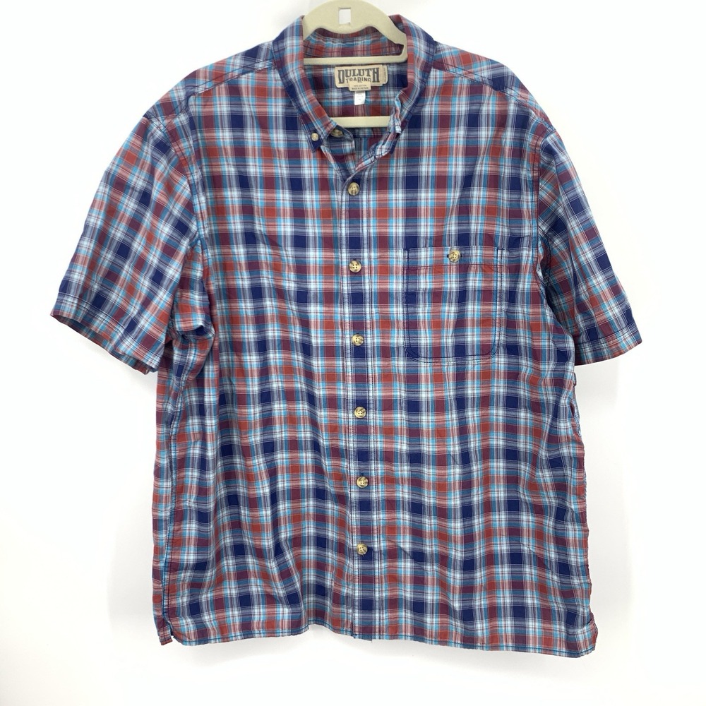 Duluth Trading Men Size XL Shirt Button Down Top Short‎ Sleeve Blue Red Plaid